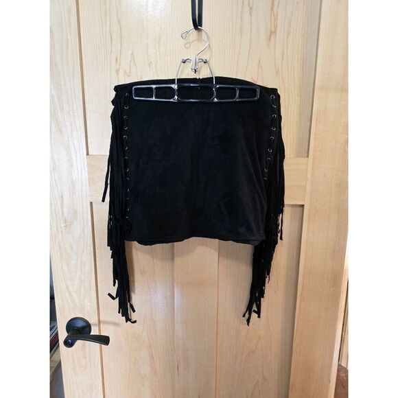 Black Faux Suede Fringe Lace-Up Skirt With Eyelet Detailing Whimsigoth Y2K - Picture 2 of 9